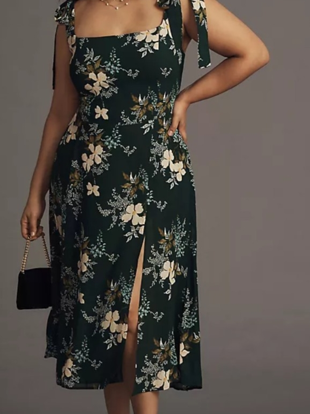 Reformation Twilight Dress Forest Green Floral Tie-Shoulder Midi Dress